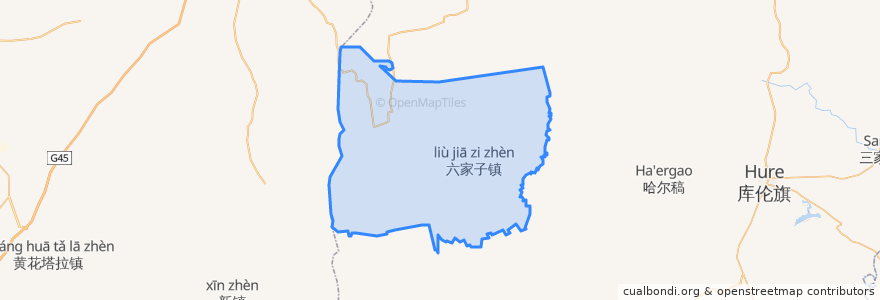 Mapa de ubicacion de 六家子镇 ᠯᠢᠦ ᠵᠢᠶᠠᠽᠢ ᠪᠠᠯᠭᠠᠰᠤ.