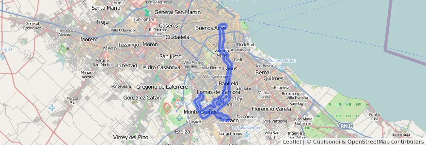 Cobertura de transporte público da linha 165 em Buenos Aires.