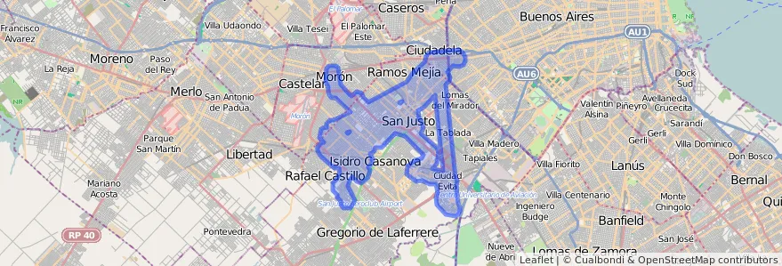 Cobertura de transport públic de la línia 174 a Partido de La Matanza.
