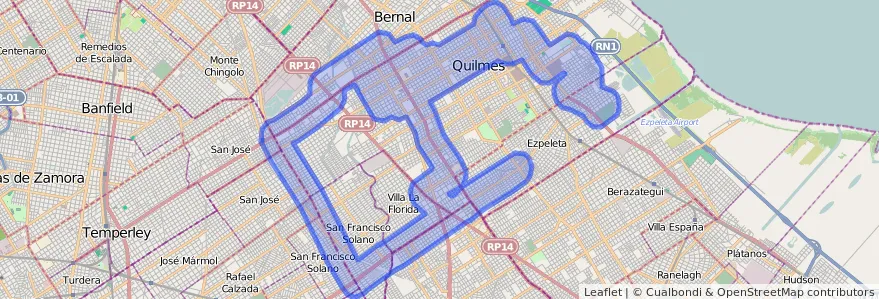 Cobertura de transporte público de la línea 257 en Partido de Quilmes.