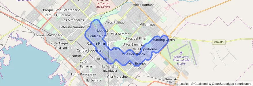 Cobertura de transporte público da linha 513EX em Bahía Blanca.