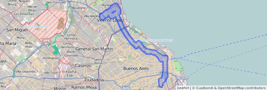 Public transportation coverage of the line 59 in Argentina.