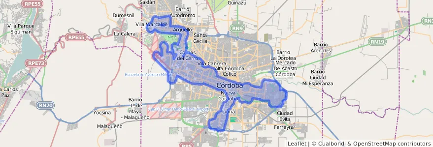 Cobertura de transporte público de la línea E (Celeste) en Córdoba.
