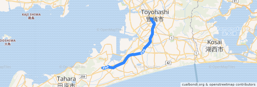 Mapa del recorrido 豊橋鉄道渥美線 de la línea  en 愛知県.
