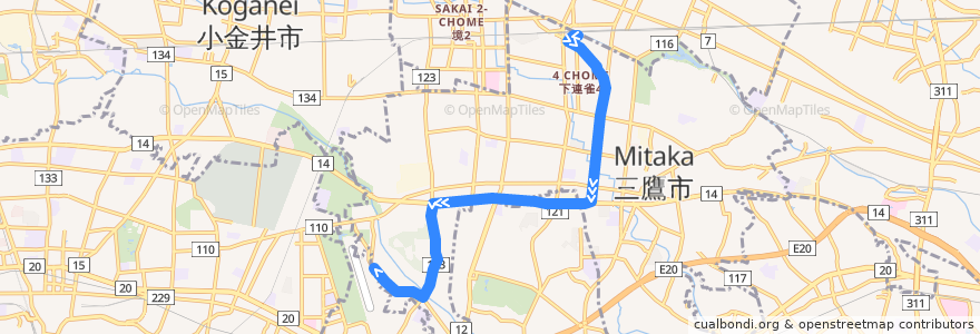 Mapa del recorrido Bus 鷹58 三鷹駅->調布飛行場 de la línea  en 도쿄도.