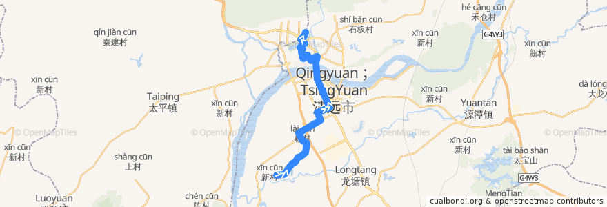 Mapa del recorrido 清远222路公交(玉塘→飞来湖总站) de la línea  en 칭청구.
