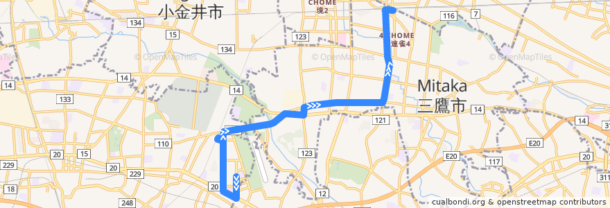 Mapa del recorrido Bus 鷹52 朝日町三丁目->三鷹駅 de la línea  en Tokio.