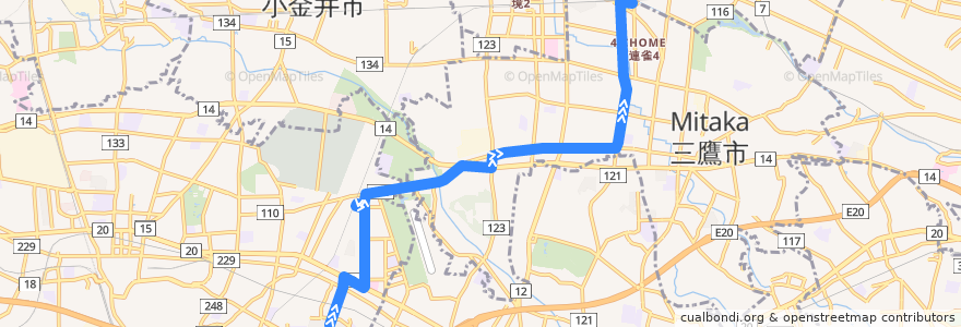 Mapa del recorrido Bus 鷹52 車返団地->三鷹駅 de la línea  en Токио.