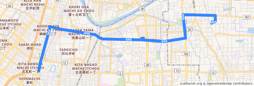 Mapa del recorrido 9: 河内天美駅前-堺東駅前 de la línea  en Осака.