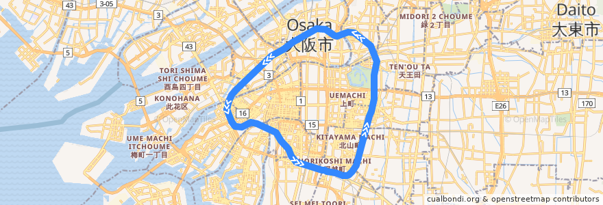 Mapa del recorrido JR大阪環状線 (外回り) de la línea  en Osaka.