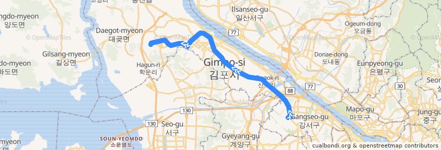 Mapa del recorrido 김포 도시철도 de la línea  en 金浦市.