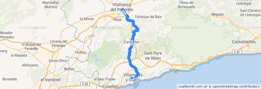 Mapa del recorrido Vilafranca del Penedès - Vilanova i la Geltrú (per C-15z - Canyelles) de la línea  en Barcelona.