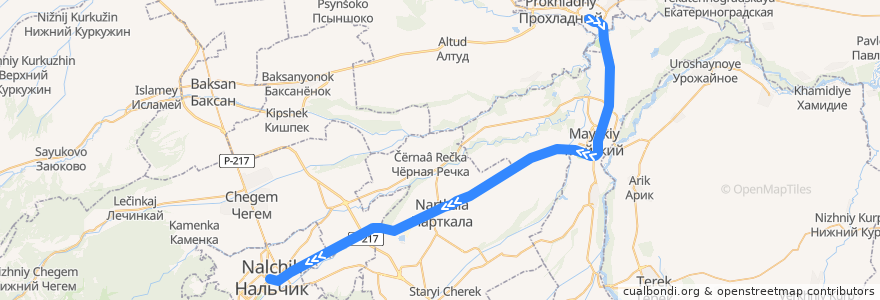 Mapa del recorrido Электропоезд 6318: Прохладная → Нальчик de la línea  en Kabardino-Balkarie.