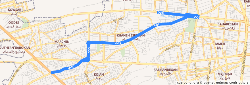 Mapa del recorrido خانه اصفهان - پارک شهید رجائی de la línea  en Isfahan.