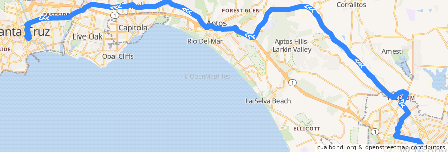 Mapa del recorrido SCMTD 71: Watsonville => Clifford Avenue => Santa Cruz de la línea  en مقاطعة سانتا كروز.