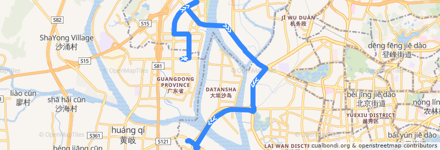 Mapa del recorrido 广885路[芳村大道西(滘口客运站)总站-白沙(中海金沙湾)总站] de la línea  en Cantão.