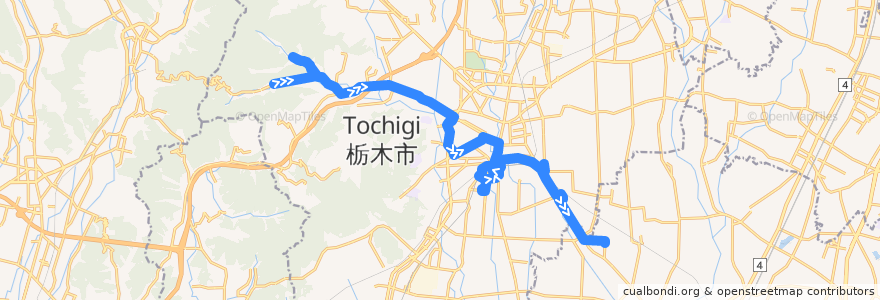 Mapa del recorrido 栃木市ふれあいバス皆川樋ノ口線 南柏倉⇒栃木駅⇒小山西高校 de la línea  en 栃木県.