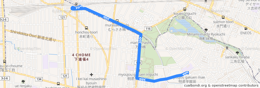 Mapa del recorrido Bus 明星学園ルート 明星学園前->三鷹駅南口 de la línea  en 東京都.