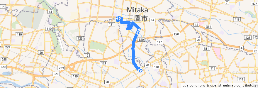Mapa del recorrido Bus 新川・中原ルート つつじヶ丘駅北口->三鷹中央防災公園・元気創造プラザ de la línea  en 東京都.