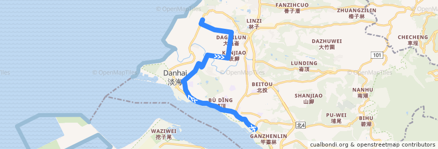 Mapa del recorrido 新北市 藍海2線先導公車 捷運淡水站→淡海新市鎮 de la línea  en Tamsui.