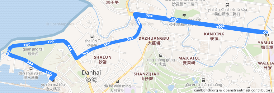 Mapa del recorrido 新北市 藍海1線先導公車 漁人碼頭-輕軌淡水行政中心站 de la línea  en 淡水區.