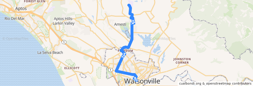 Mapa del recorrido SCMTD 75: Watsonville => Monte Vista School de la línea  en مقاطعة سانتا كروز.