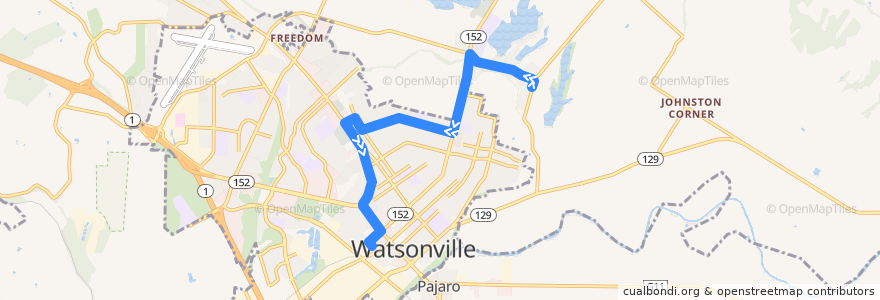 Mapa del recorrido SCMTD 79: College & Lakeview => Watsonville de la línea  en 圣塔克鲁兹县.
