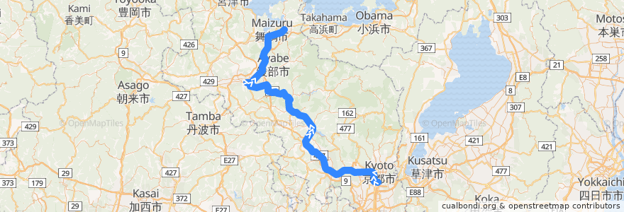 Mapa del recorrido まいづる: 京都 => de la línea  en Prefettura di Kyoto.