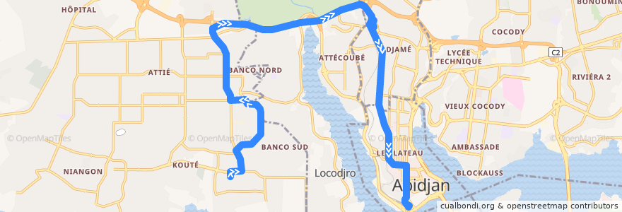Mapa del recorrido bus 37 : Yopougon Camp Militaire → Gare Sud de la línea  en Abidjan.
