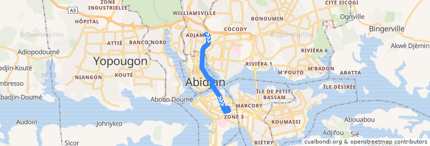 Mapa del recorrido gbaka : Adjamé Liberté → Treichville Gare de Bassam de la línea  en 阿比让 / 阿必尚.