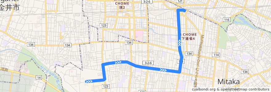 Mapa del recorrido Bus 鷹51 国際基督教大学->三鷹駅 de la línea  en Tokyo.