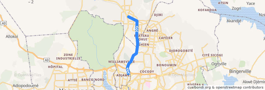 Mapa del recorrido gbaka : Adjamé Liberté → Abobo Gare Mairie de la línea  en 아비장.