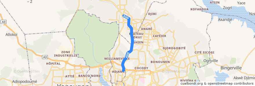 Mapa del recorrido gbaka : Abobo Gare Mairie → Adjamé Liberté de la línea  en 아비장.