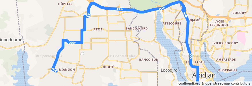 Mapa del recorrido bus 39 : Niangon Sud à droite → Gare Sud de la línea  en 아비장.