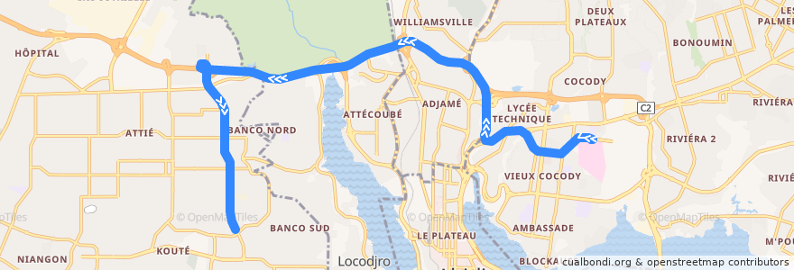 Mapa del recorrido bus 85 : Campus Cocody → Yopougon Phalène de la línea  en Абиджан.