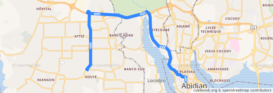 Mapa del recorrido bus 206 : Hôtel de ville → Yopougon Kouté de la línea  en Абиджан.