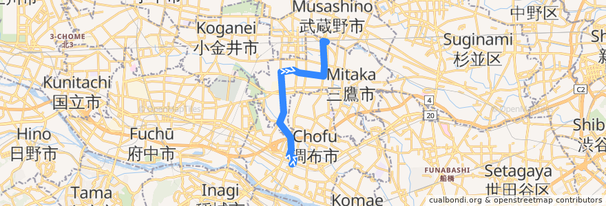 Mapa del recorrido Bus 鷹51 調布駅北口->三鷹駅 de la línea  en Tokyo.