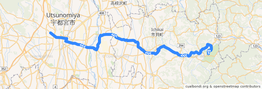 Mapa del recorrido JRバス関東水都西線 ツインリンクもてぎ⇒市貝小学校・道場宿⇒作新学院前 de la línea  en 栃木県.