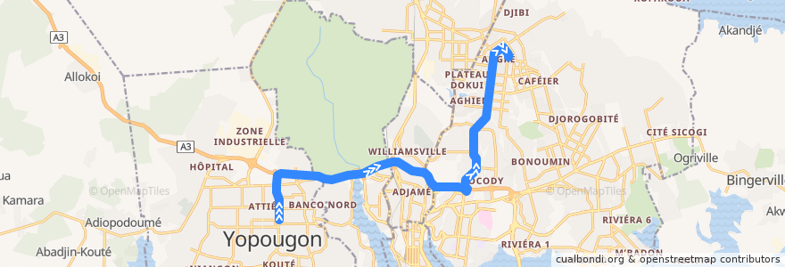 Mapa del recorrido bus 719 : Yopougon Lavage Saint André → Angré Terminus 81-82 de la línea  en Abidjan.