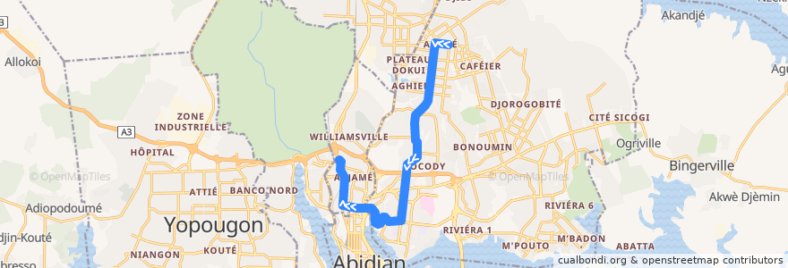 Mapa del recorrido bus 81 : Angré → Gare Nord de la línea  en Abiyán.