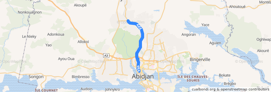 Mapa del recorrido bus 76 : Cité Administrative → PK 18 (Abobo) de la línea  en Abidjan.