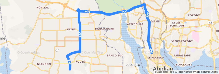 Mapa del recorrido bus 46 : Plateau Cité Administrative → Yopougon Sideci de la línea  en アビジャン.