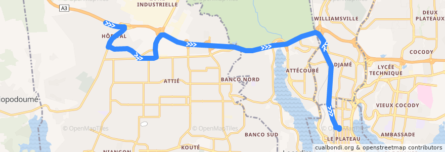 Mapa del recorrido bus 34 : Yopougon Gesco → Cité Administrative de la línea  en 아비장.