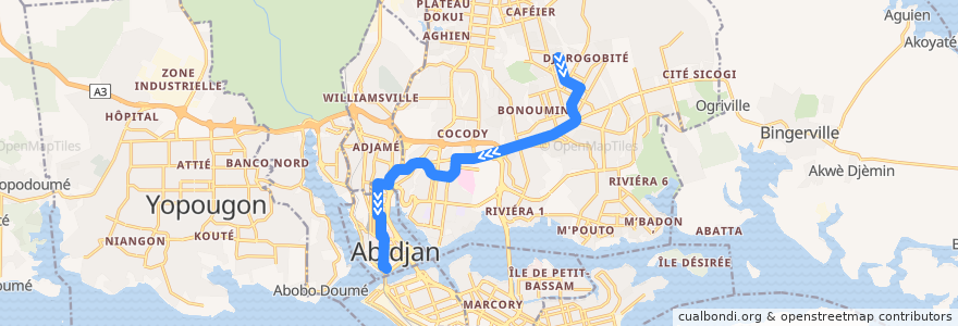 Mapa del recorrido bus 210 : Cocody SCI Les Rosiers → Gare Sud de la línea  en Abiyán.