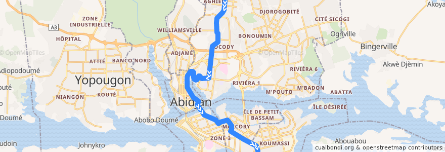 Mapa del recorrido bus 715 : Sococe Deux plateaux → Grand carrefour Koumassi de la línea  en Abidjan.