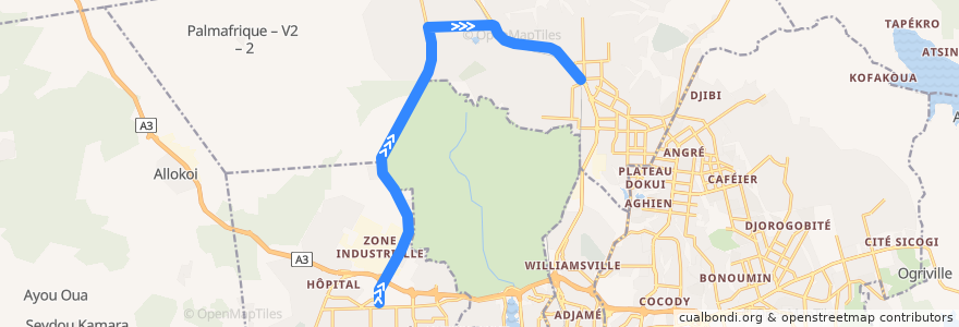 Mapa del recorrido bus 77 : CHU Youpougon → Abobo Gendarmerie de la línea  en アビジャン.