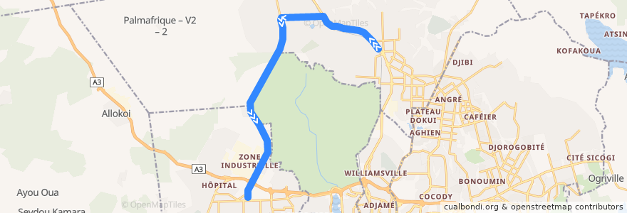Mapa del recorrido bus 77 : Abobo Gendarmerie → CHU Youpougon de la línea  en アビジャン.