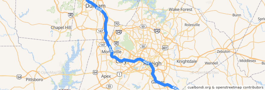 Mapa del recorrido Proposed: Garner-Durham Commuter Rail de la línea  en کارولینای شمالی.