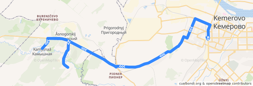 Mapa del recorrido Маршрутное такси № 121т: Ж/Д вокзал — Камышная — Мазурово de la línea  en Кемеровский муниципальный округ.