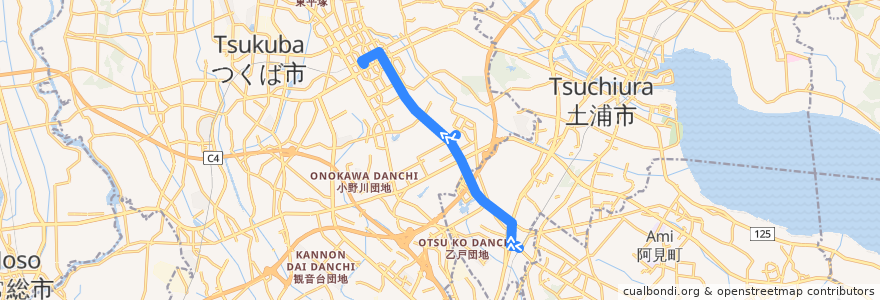 Mapa del recorrido 関東鉄道バス21A系統 荒川沖駅西口⇒学園並木⇒つくばセンター de la línea  en 茨城県.